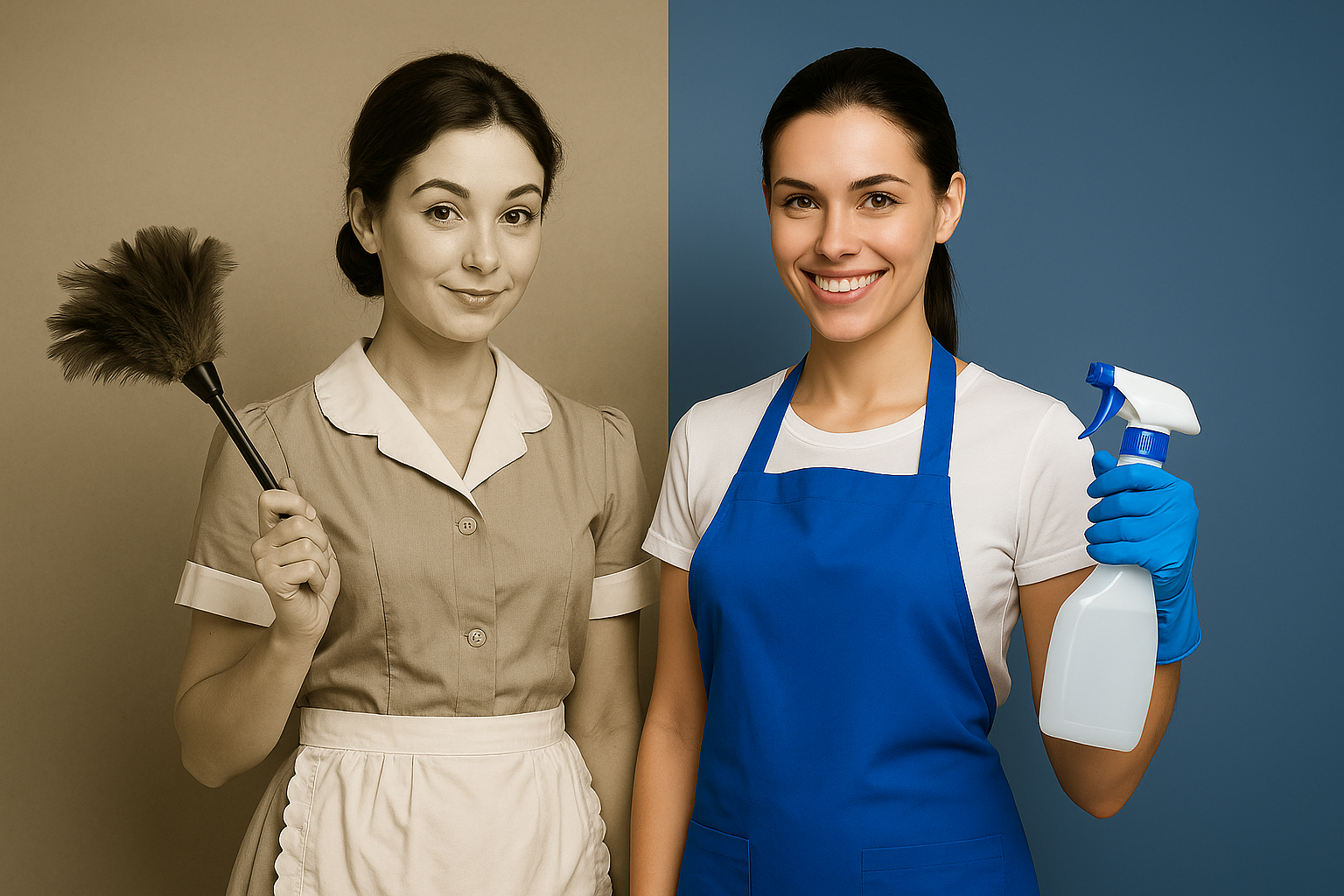"Visual comparison between a traditional maid and a modern professional cleaner for AllPro Clean blog"