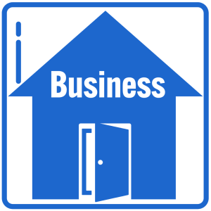 Blue business cleaning icon with an open door inside a house graphic.