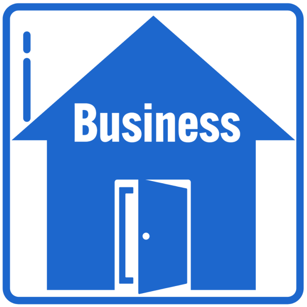Blue business cleaning icon with an open door inside a house graphic.