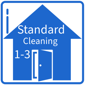 Blue house icon labeled “Standard Cleaning 1–3” with an open door, representing AllPro Clean’s standard cleaning service for smaller homes or apartments.