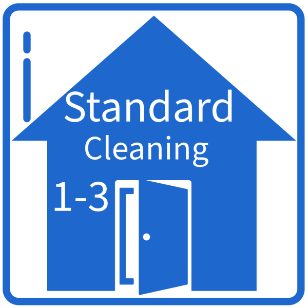 Blue house icon labeled “Standard Cleaning 1–3” with an open door, representing AllPro Clean’s standard cleaning service for smaller homes or apartments.