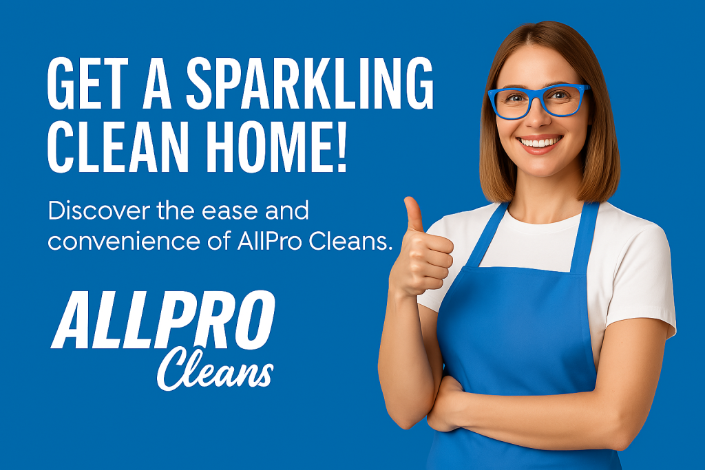 Smiling woman in AllPro Clean apron giving thumbs up beside headline "Get a Sparkling Clean Home."