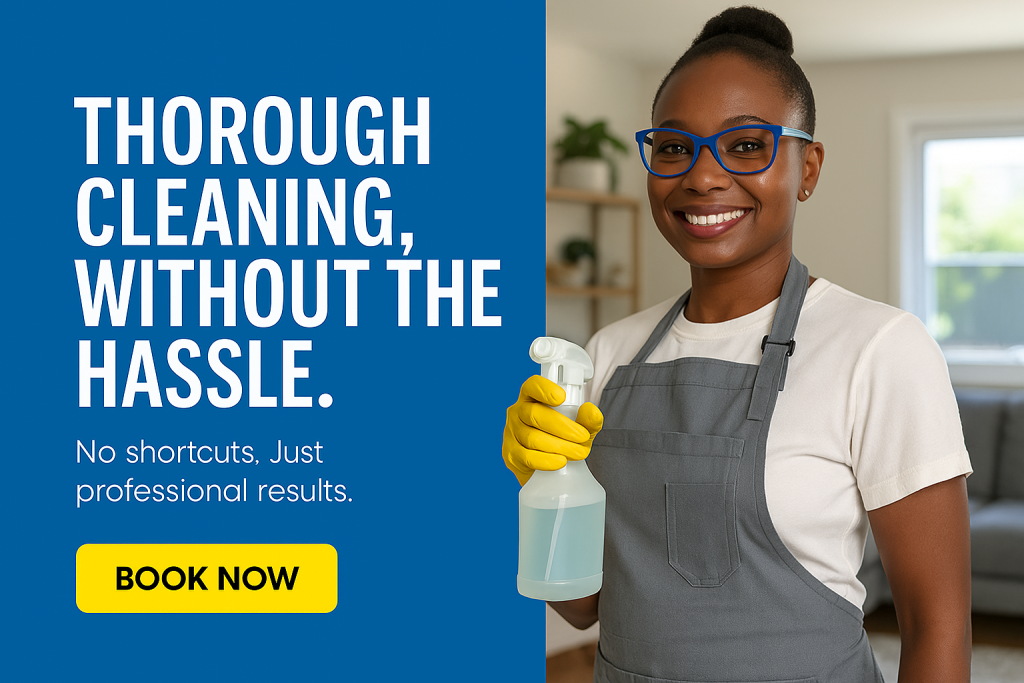 AllPro Clean professional smiling in uniform holding a spray bottle next to a bold promo message about hassle-free, thorough cleaning.