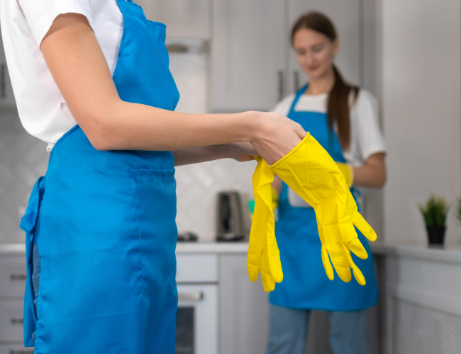 "Professional cleaner putting on yellow gloves, preparing for service — AllPro Clean team ready to work"