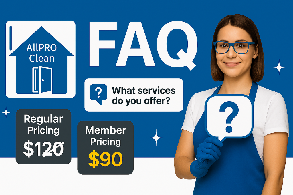 Illustration of AllProCleans FAQ section with a professional cleaner and bold FAQ letters, styled for customer clarity and trust.