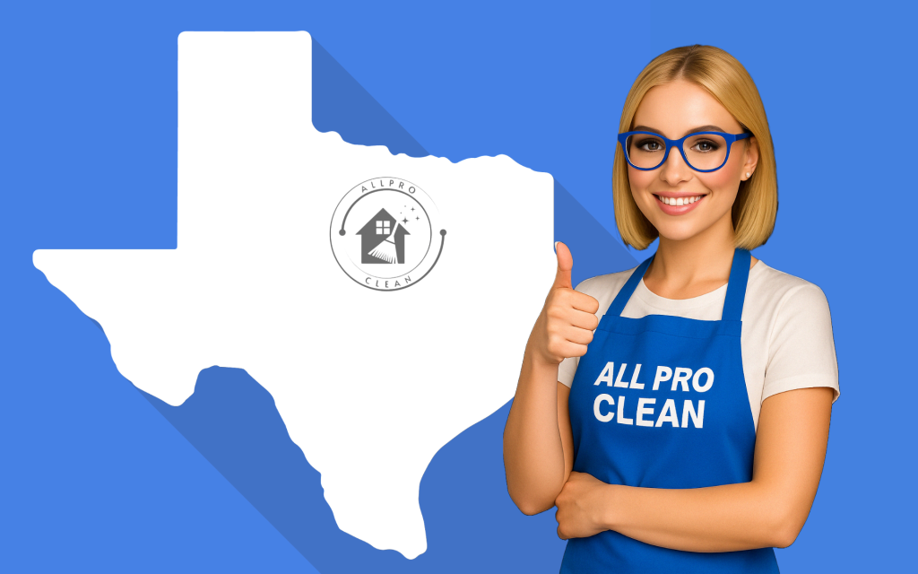 Smiling woman in AllPro Clean apron giving thumbs up next to a Texas map with company logo, representing cleaning service areas