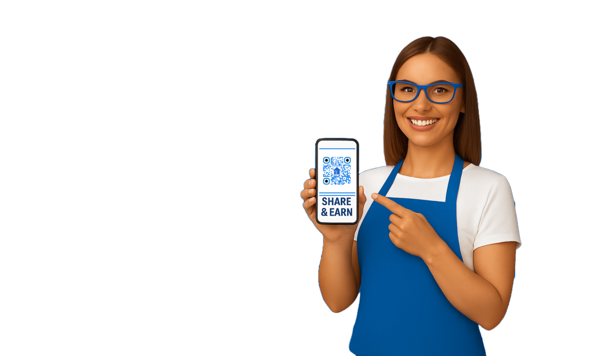 AllPro Clean team member in blue apron holding a phone with a “Share & Earn” QR code, promoting the referral rewards program.